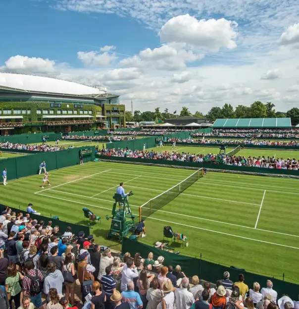Crowds watching tennis matches on the grass courts at Wimbledon under a blue sky