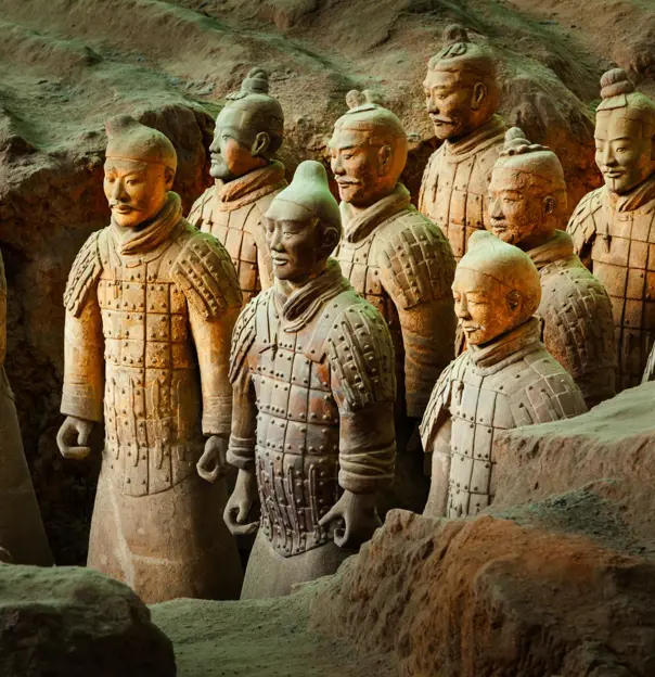 Rows of ancient Terracotta Army statues in an excavated chamber in Xi’an, China