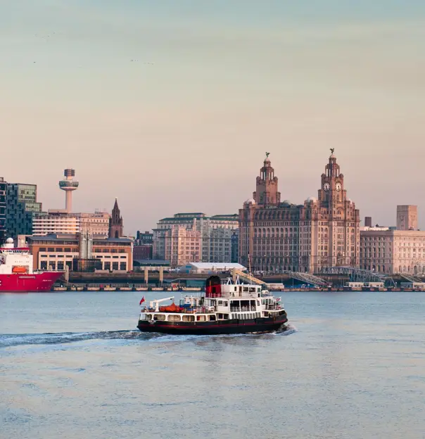 The Mersey Ferry and a view of Liverpool