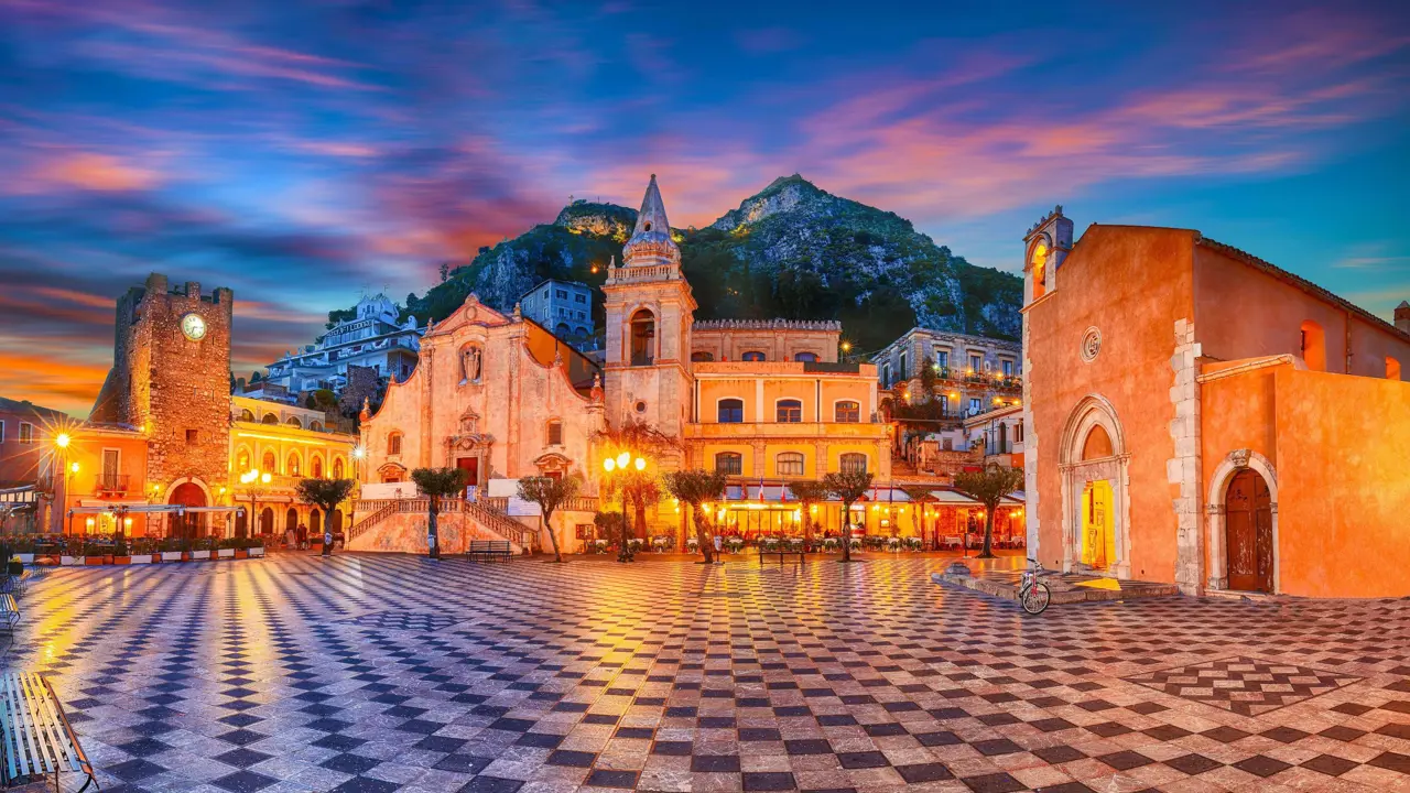 Belvedere Of Taormina And San Giuseppe Church at night, Sicily