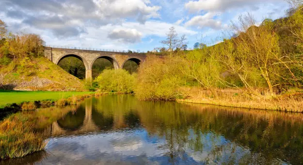 Shot of Headstone Viaduct and the river, with trees either side