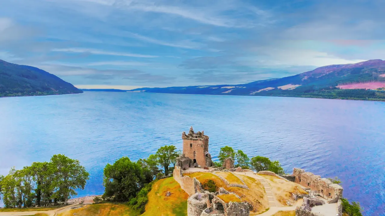 High angle shot of Loch Ness And Urquhart Castle