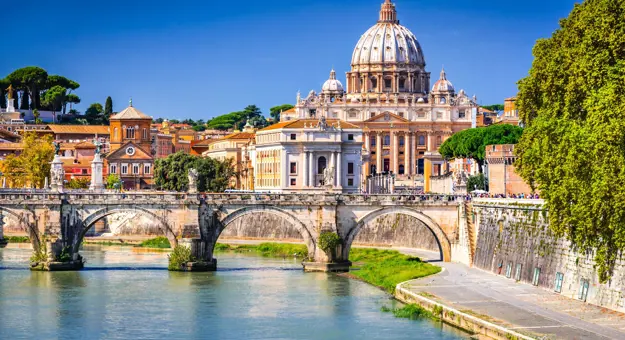 Vatican City, showing St. Peter's Basilica and Ponte Sant'Angelo bridge 