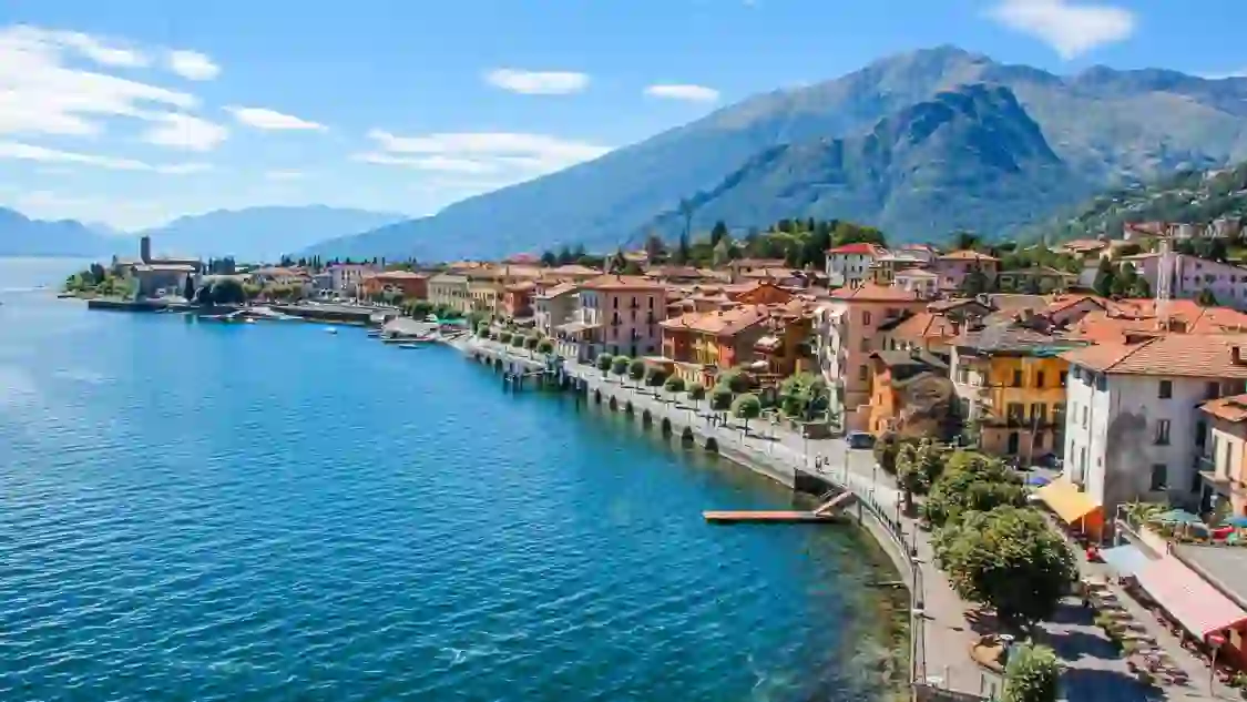 View of Como Town and its' waterfront, with mountains in the distance 