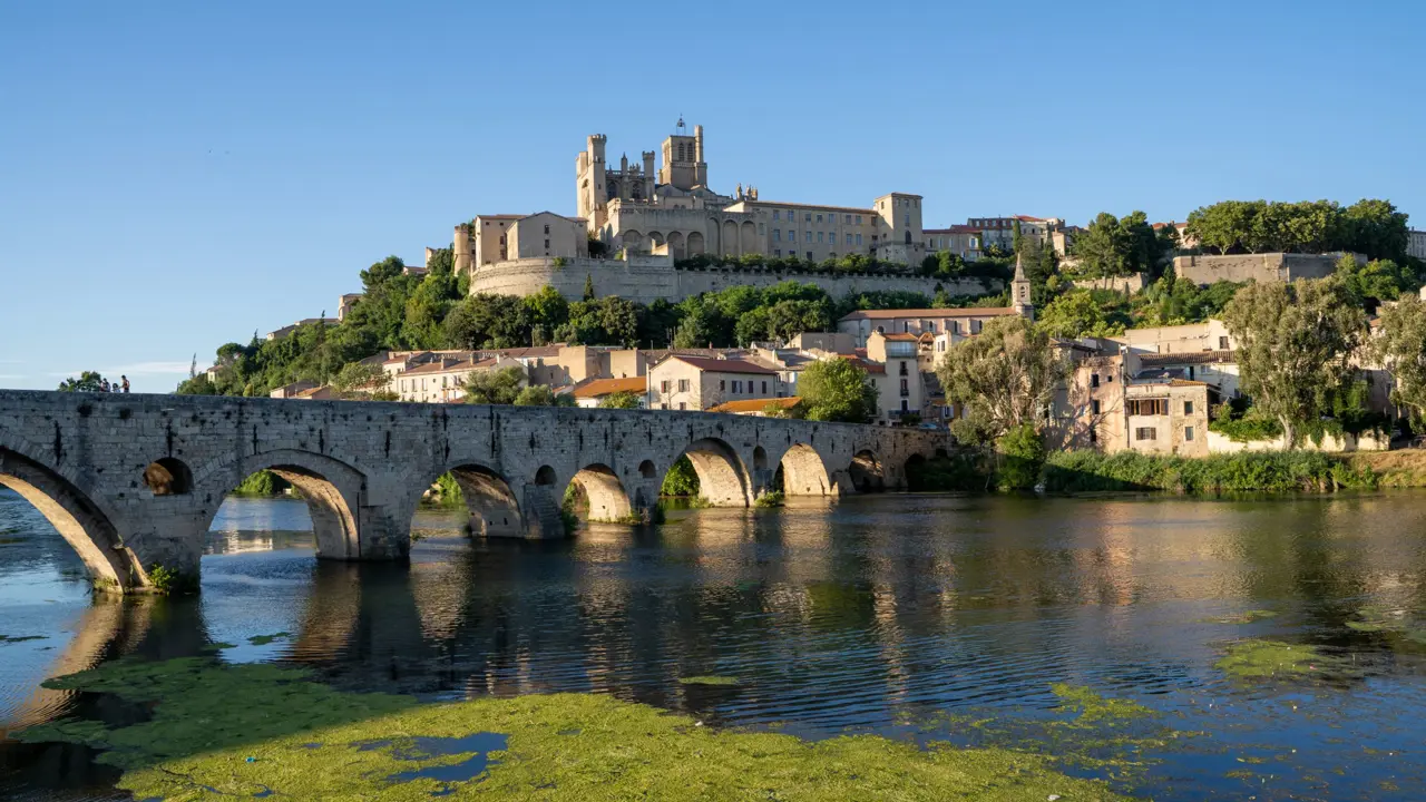 Bridge going over a river, with a castle on the top of the hill, and houses slightly lower down on the other side. Water in the forefront with some green algae on the surface.