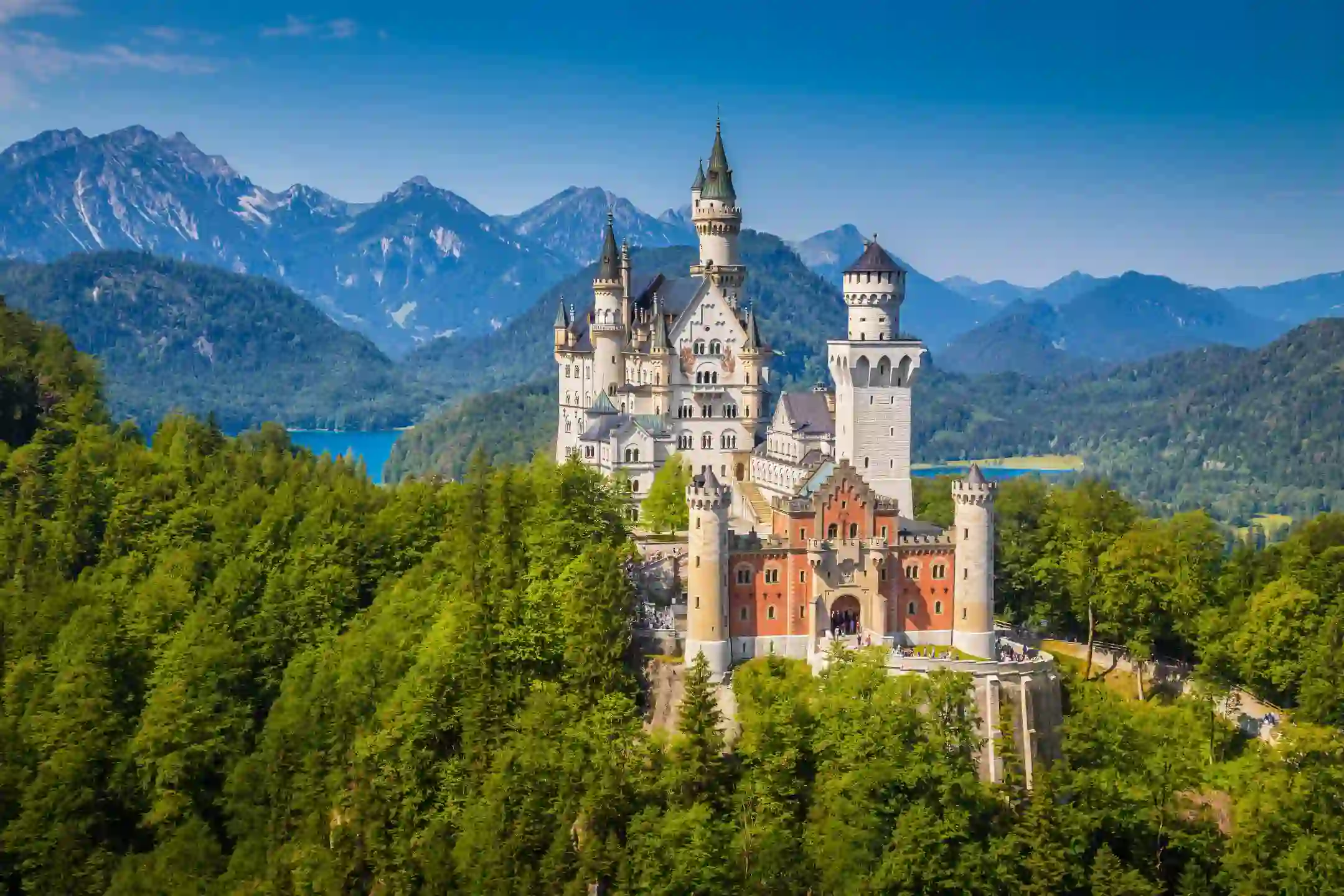 View Neuschwanstein Castle, in the midst of forested land, with mountains and a blue sky in the background.