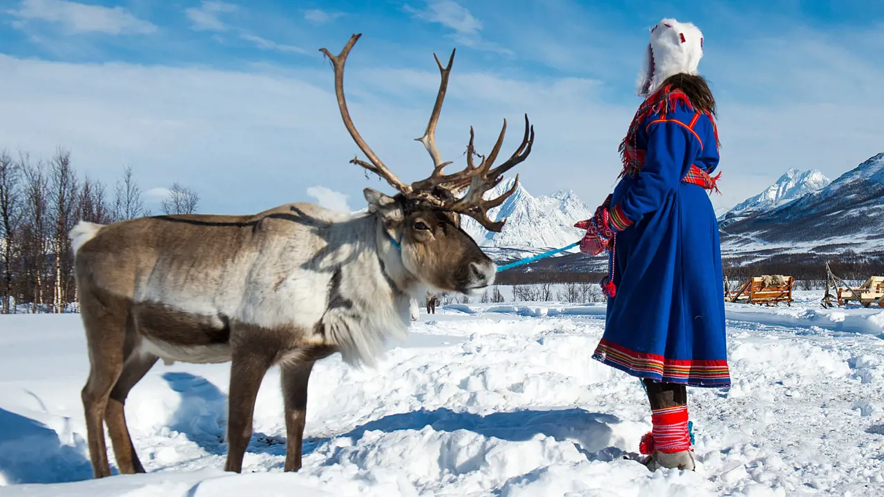 A lady dressed in traditional Norwegian clothes with a reindeer, standing in the snow