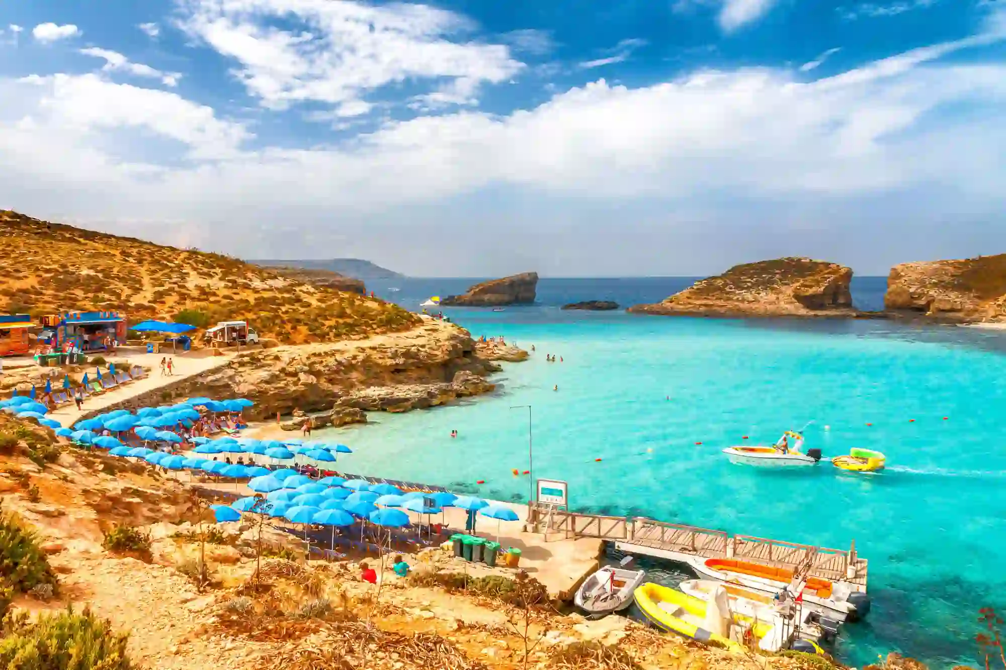 Turquoise lagoon with beach near the Comino island between the islands of Malta