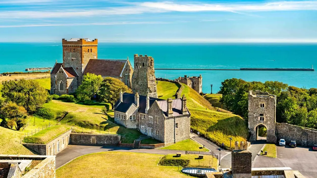 Back of Dover Castle looking out to the sea, on a sunny, clear day