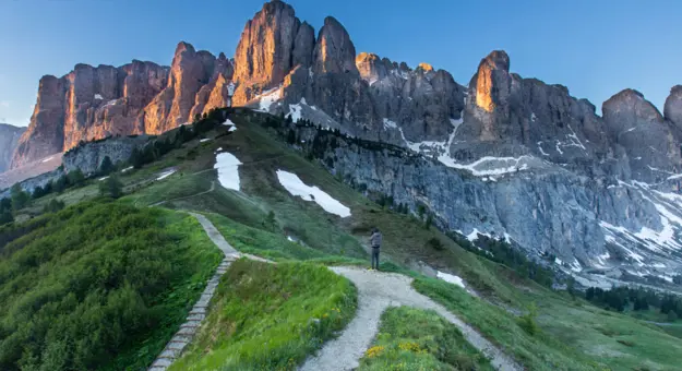 Shot of the Gardena Pass in the South Tyrol Dolomites