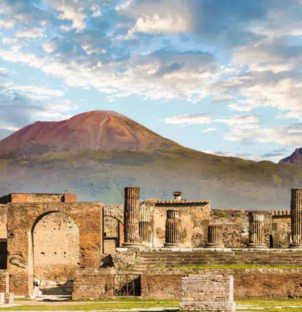 Pompeii ruins with Mt Vesuvias in the background