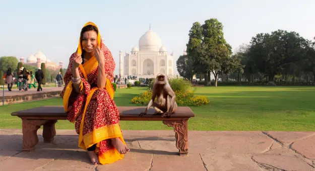 Woman with Monkey Outside Taj Mahal India