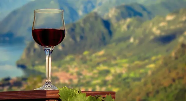 Close up of a glass of red wine infront of a view of Lake Garda and its mpuntains