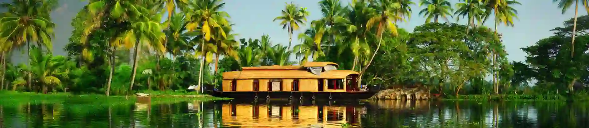 A traditional wooden houseboat floats on calm waters surrounded by lush green palm trees under a clear blue sky in Kerala, India
