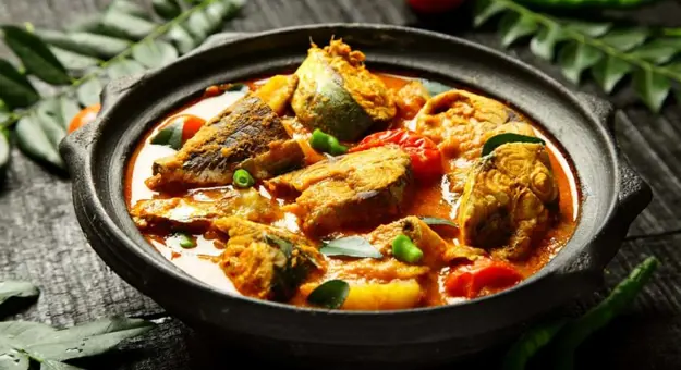 Traditional coconut milk mango fish curry, India