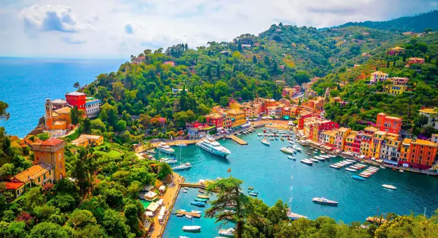 High-angle shot of a marina in Portofino, Italy