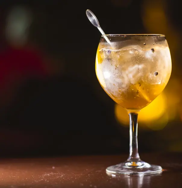 Close up of a glass of gin and tonic with a blurry background