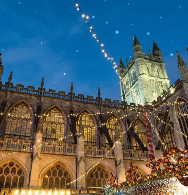 Christmas Market Stalls And Abbey, Bath