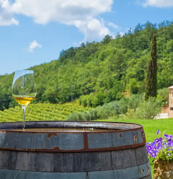 A glass of white wine on a wooden barrel, with a pot of purple flowers next to it on the right. Behind this is a field and mountainous landscape covered in trees. The sky is blue with some clouds.