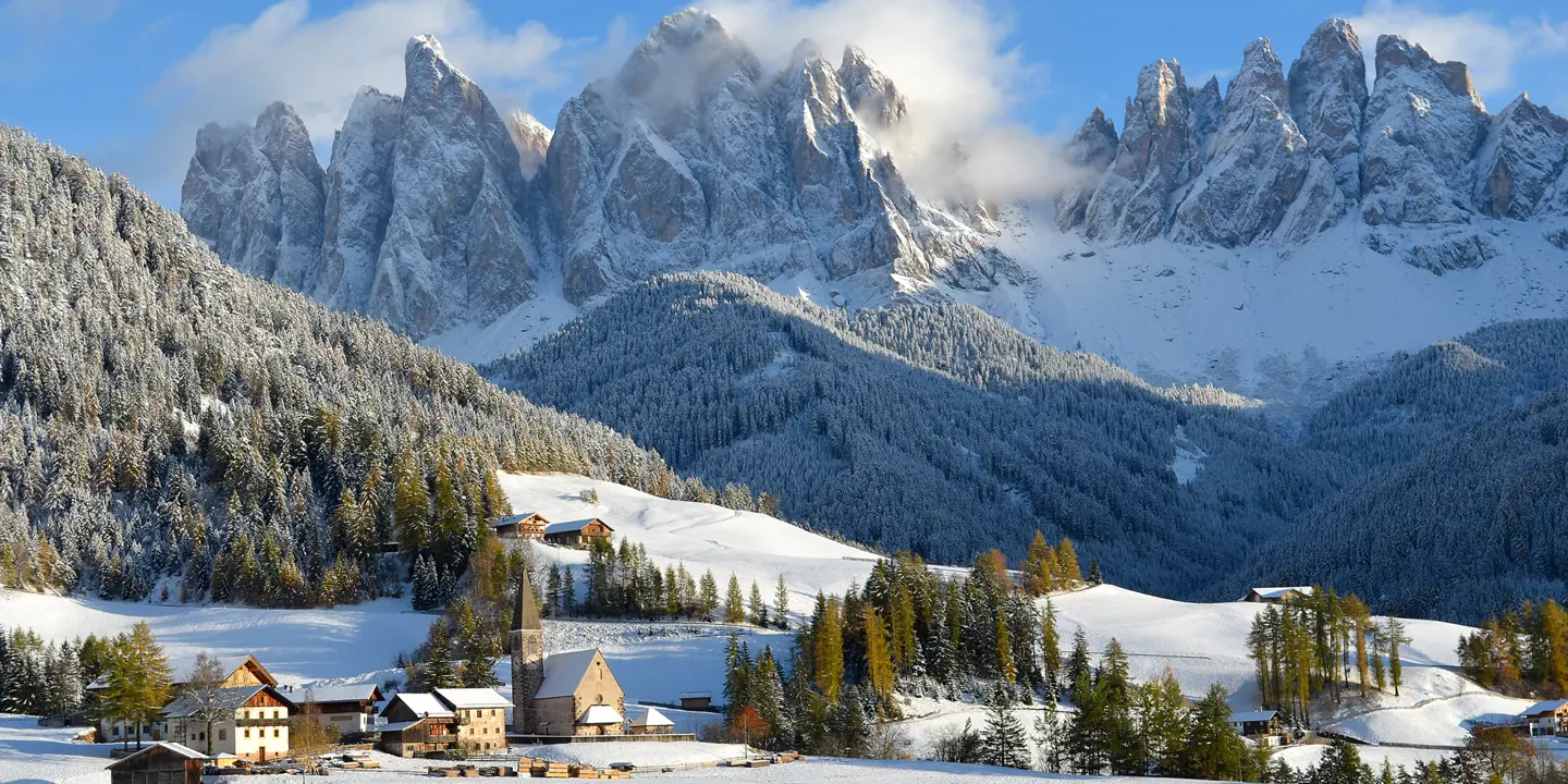 Dolomites in the snow in St Magdalena, Italy