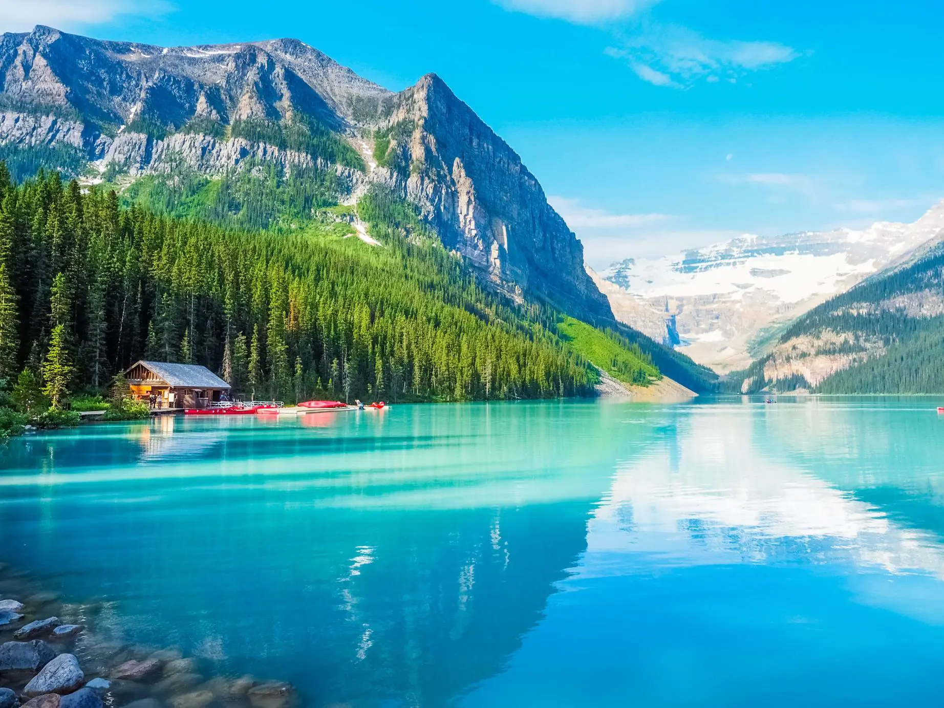Turquoise waters of Lake Louise surrounded by forested slopes and snow-capped mo