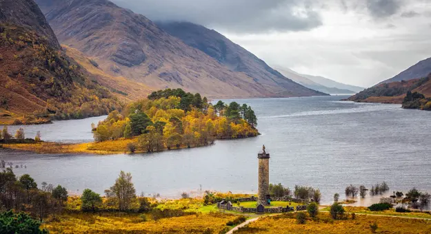 View of the Scottish Highlands and Loch Shiel, with the Glennfinnan Monument in the forefront 