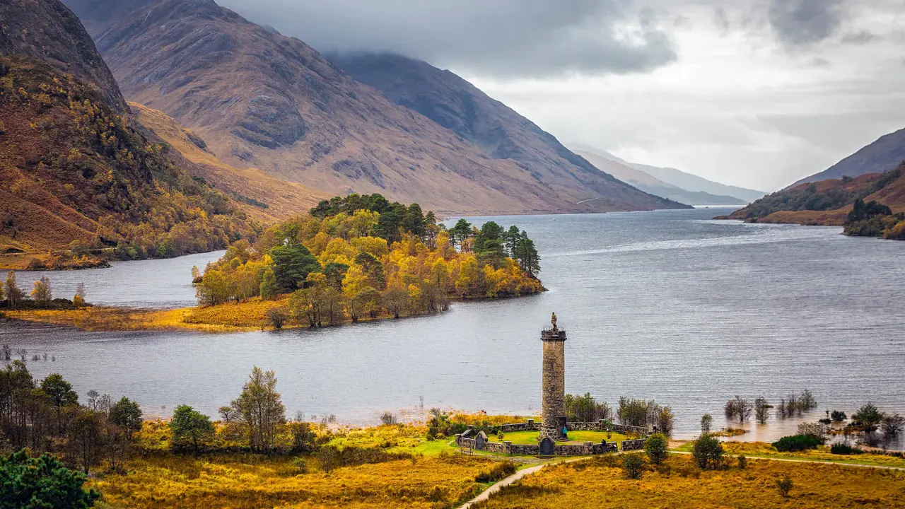 View of the Scottish Highlands and Loch Shiel, with the Glennfinnan Monument in the forefront 