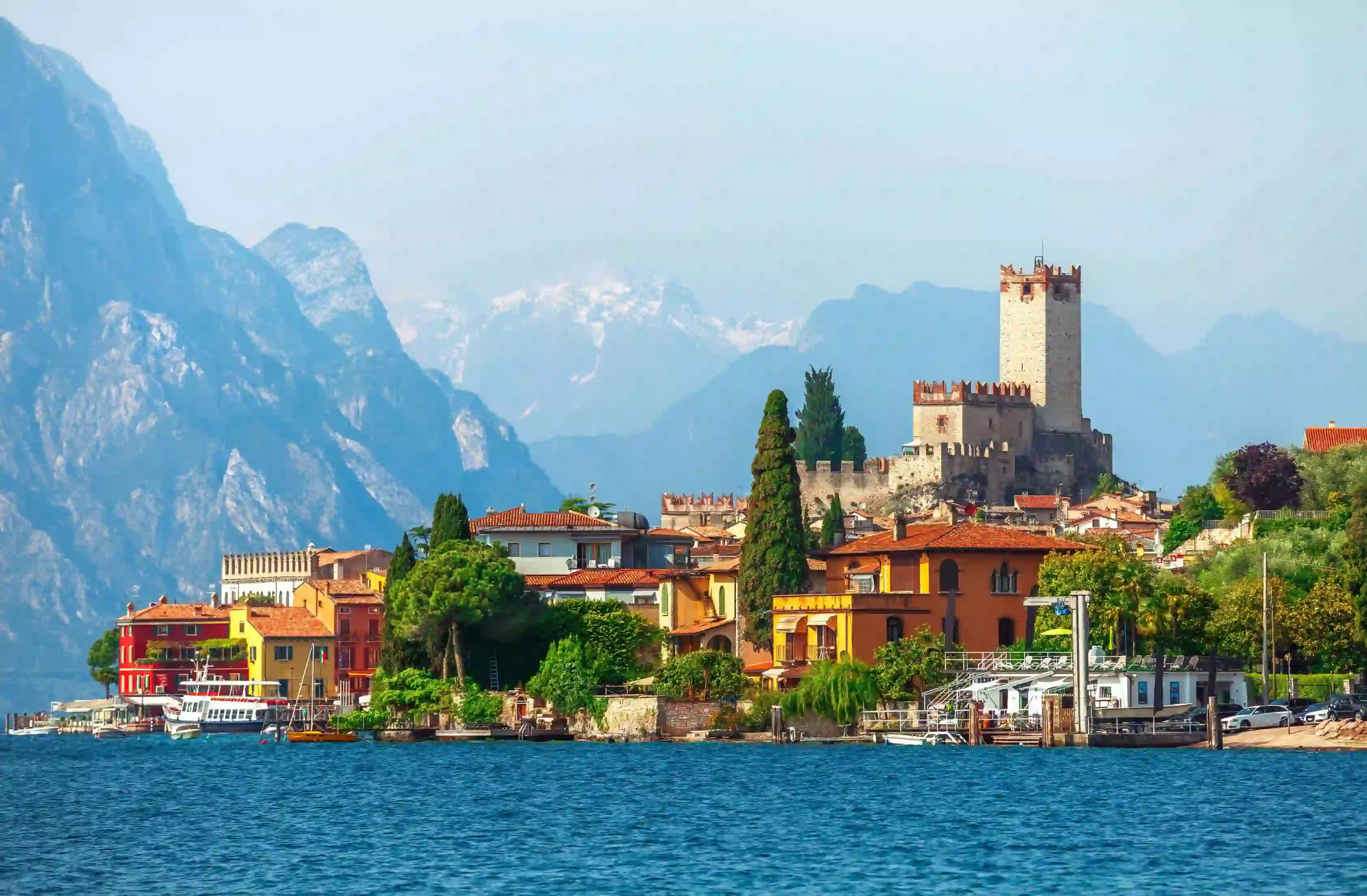 Buildings in Malcesine, Lake Garda with mountains in the distance