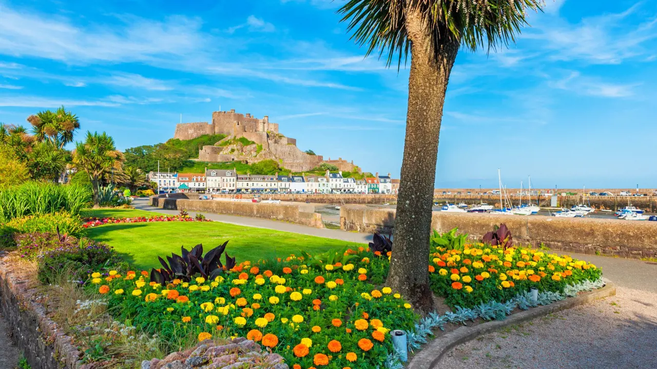 Long shot of Gorey Castle from the land, including a bed of orange and yellow flowers, a palm tree and grass in the forefront and the harbour and the houses next to it