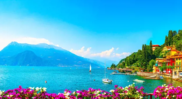 Colourful Houses In Lake Como over looking the sea and mountains