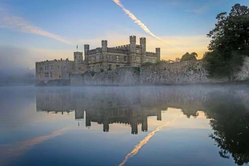 The ever-imposing Leeds Castle in Kent on a misty morning.