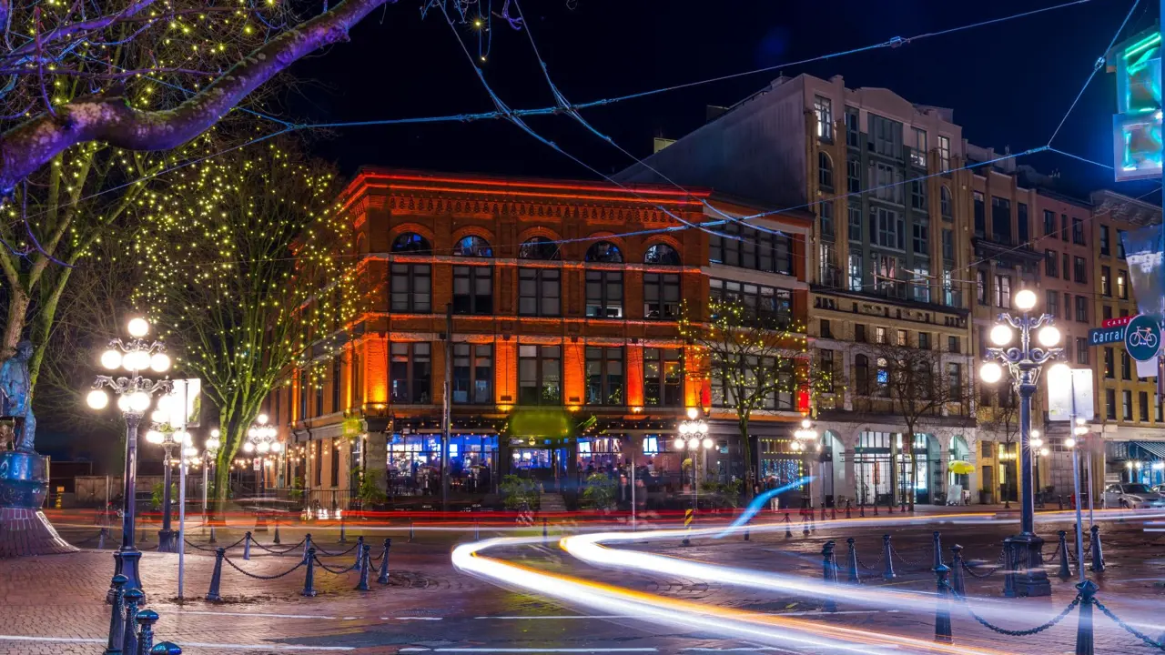 Gastown - Vancouver, British Columbia, Canada. Long exposure of the streets in a very foggy night.