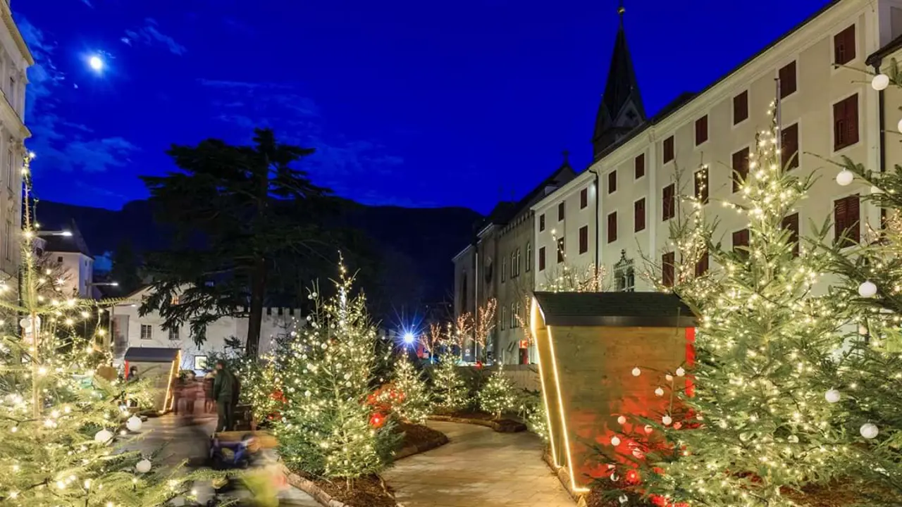 Shot of a street in Merano, Italy, with lit up christmas trees 