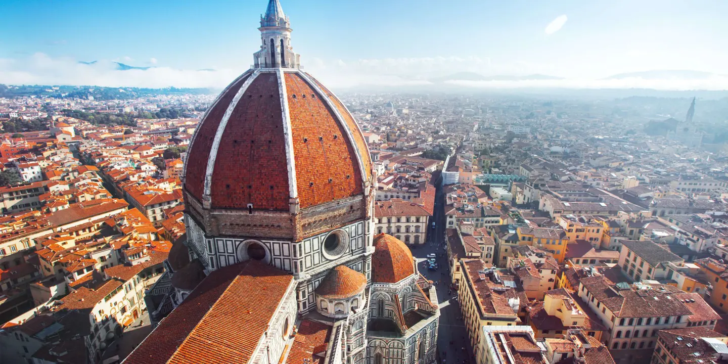 Bird's eye view of Cathedral of Santa Maria del Fiore and the city of Florence, Italy