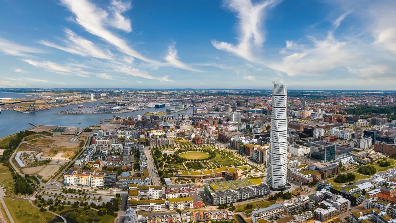 Beautiful aerial view of the Vastra Hamnen- The Western Harbour -district in Malmo, Sweden