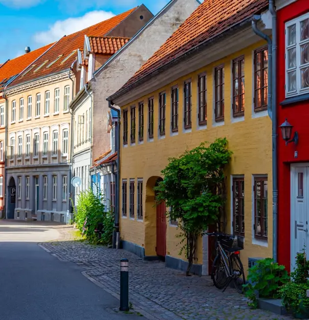 Colorful street in Danish town Aalborg.