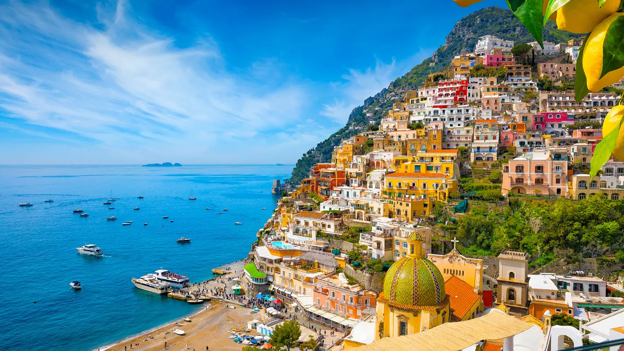 Positano Landscape with buildings and boats