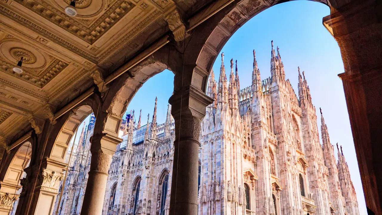 View of Duomo Cathedral through archways 