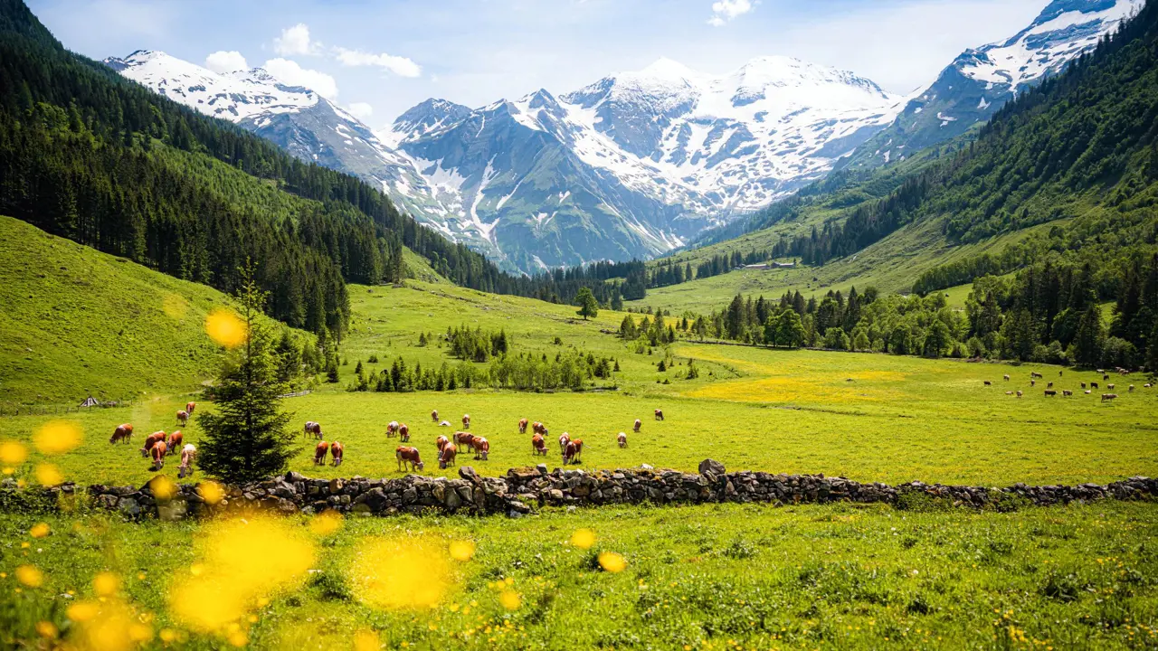 View of fields with cows eating from the grass and trees behind them going up the mountains on either side. Snowy mountains in the distance