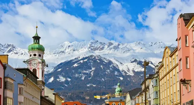 View of a snowy mountain from the Old Town in Innsbruck, Austria 