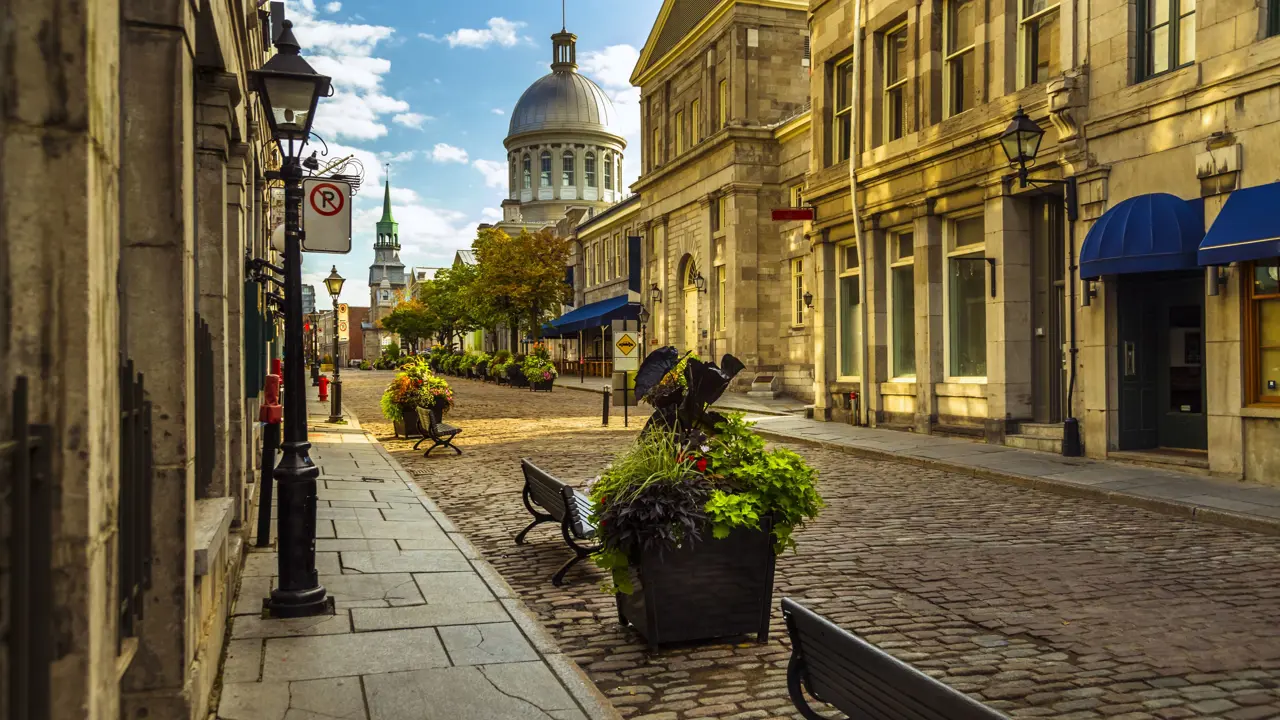 Old Montreal Cobblestone Street Historic Buildings Quebec Canada