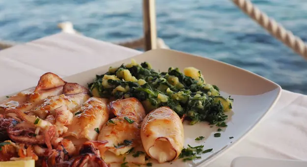 Close up of a plate of food, with octopus, squid and a green salad with a background of the sea