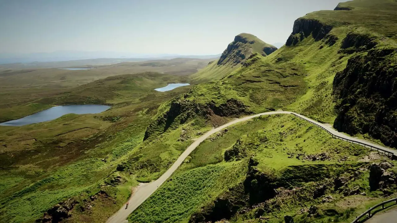 The Quiraing trail and the hills that surround it, with small bodies of water to the left