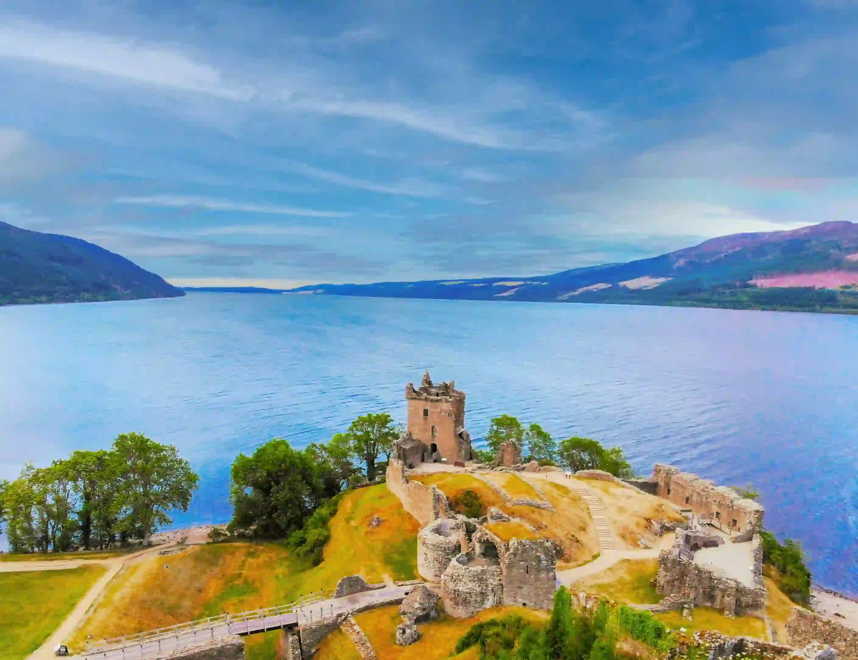 High angle shot of Loch Ness And Urquhart Castle