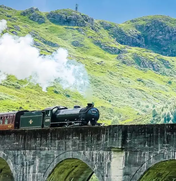 Steam train going along the West Highland Rail, Scotland